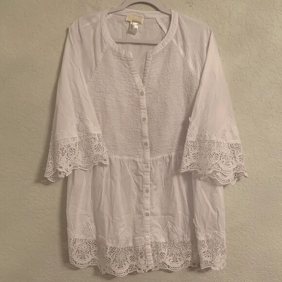 Alessa W Collection White Smocked Lace Button-Up Blouse Size 18 - Picture 1 of 8